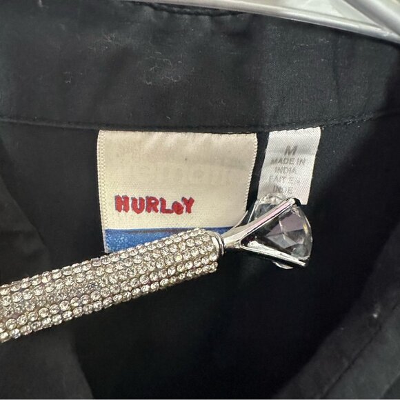 Hurley button tshirt top Men's Black Embroidered Shirt floral tattoo - Picture 5 of 6